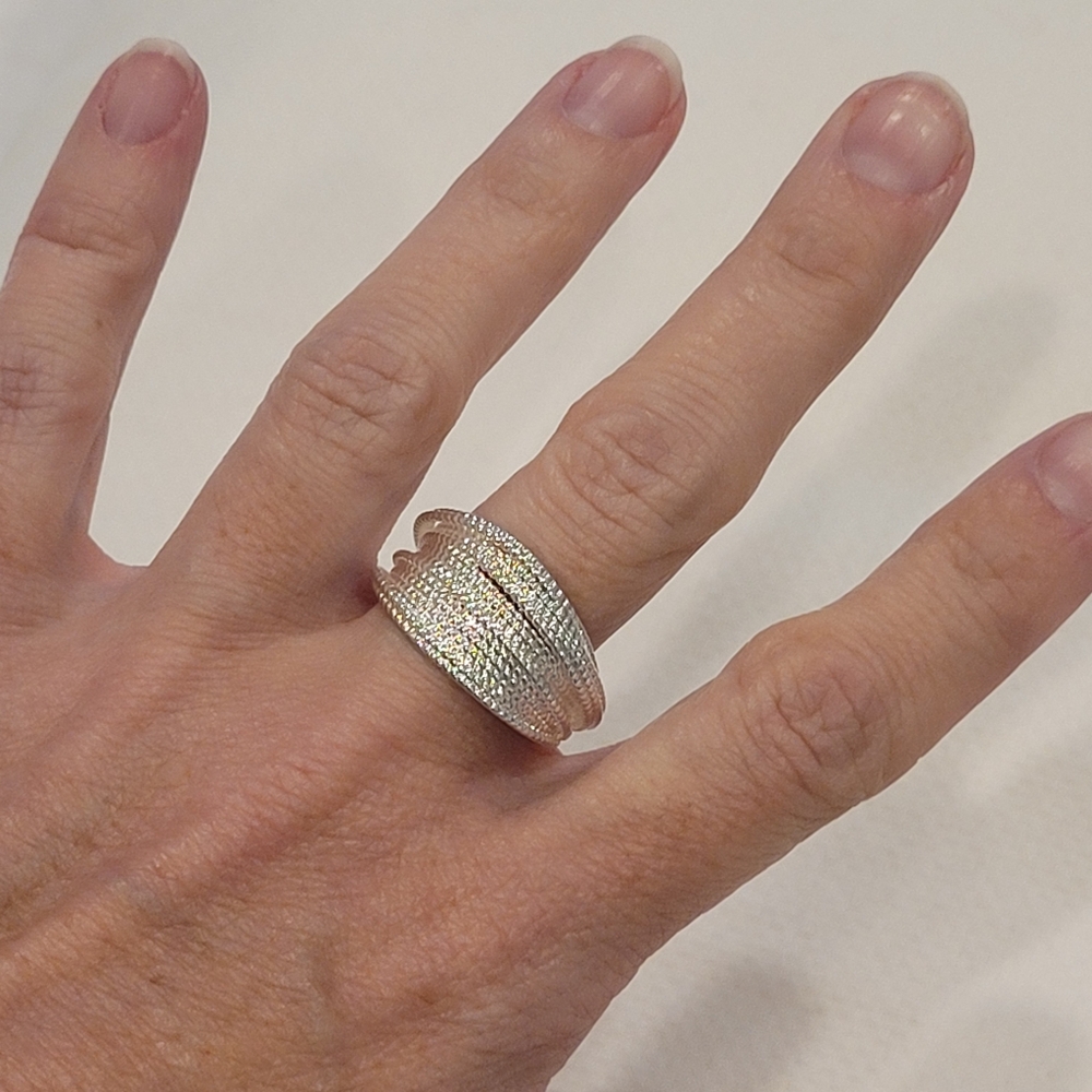 Thick Shiny Silvertone Ring Like A Stack Of Cords, Adjustable
